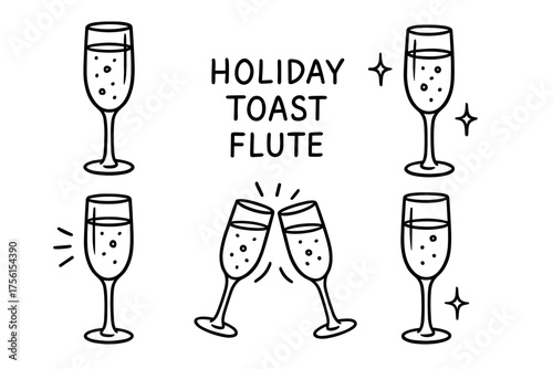 Simple black outline drawings of champagne flutes, with several toasting glasses and stylized sparkle accents for celebration themes.