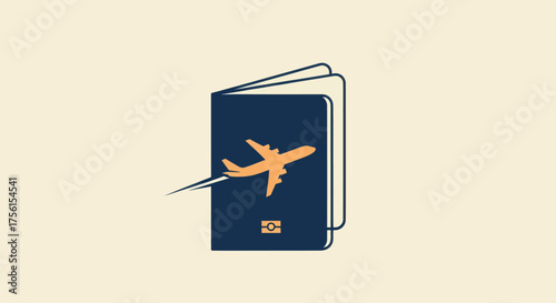 A blue passport with an orange airplane taking off. Travel related concept