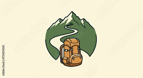 A minimalist illustration features a hiking backpack against a mountain scene with winding trail