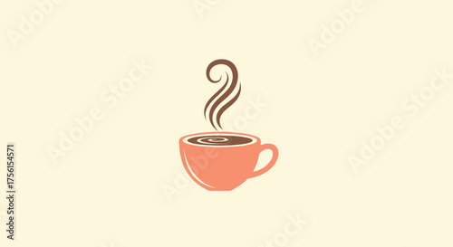 Minimalist illustration of a peach-colored mug with steam rising from the brown liquid