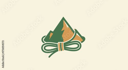 A graphic of mountains with green and tan hues, encircled by a rope in matching colors