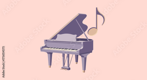 A pixelated purple grand piano with a musical note on a pink background. Keys are black and white