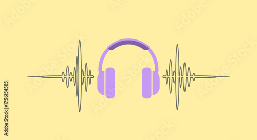Headphones with a purple-toned design and soundwave illustrations against a yellow background