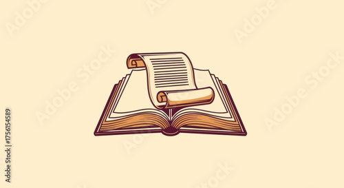 A detailed illustration showcasing an open book with a scroll resting atop the pages
