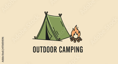 A green tent and campfire illustration with the words "Outdoor Camping" set against a beige background