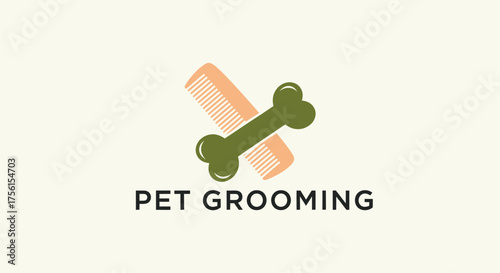 Logo featuring a comb and bone crossed, with "PET GROOMING" below, on an off-white background