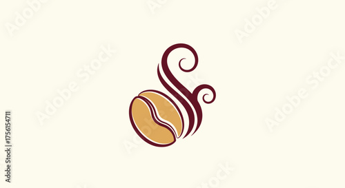 A stylized coffee bean with steam curls, brown and gold on a neutral background