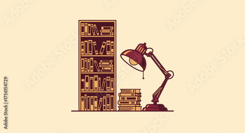 A cartoon illustration featuring a bookshelf, books, and an adjustable desk lamp, soft colors
