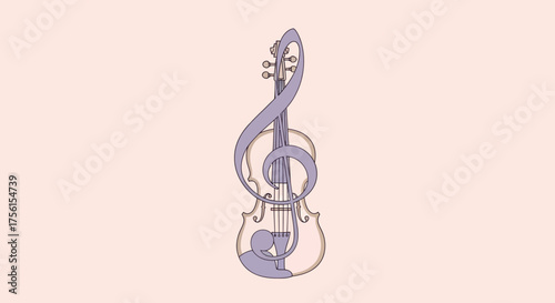 A minimalist violin illustration overlaid with a treble clef on a pale pink background