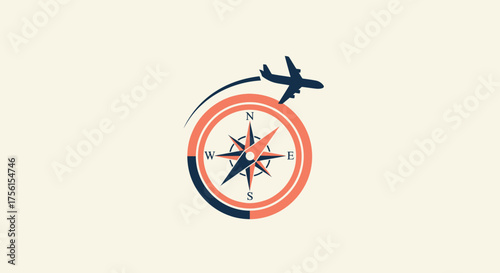 A stylized illustration featuring a compass, airplane, and trajectory lines
