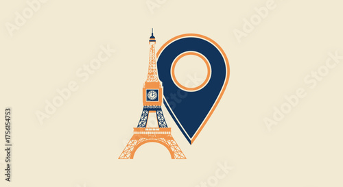 A stylized illustration of a famous tower next to a location pin on a beige background
