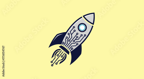A tech-themed rocket ship graphic, showcasing circuit board details, launching against a pale yellow backdrop