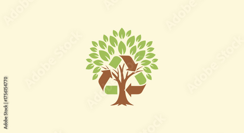 A tree with a recycle symbol trunk. Green leaves. Earth-tone palette on a light background