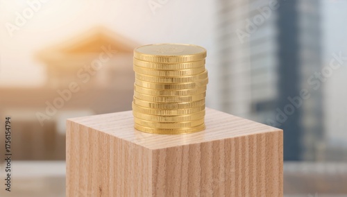 Stacked coins beside a wood...