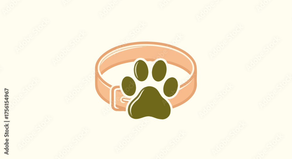 Obraz premium A tan pet collar with a dark olive paw print. Simple design on a cream background