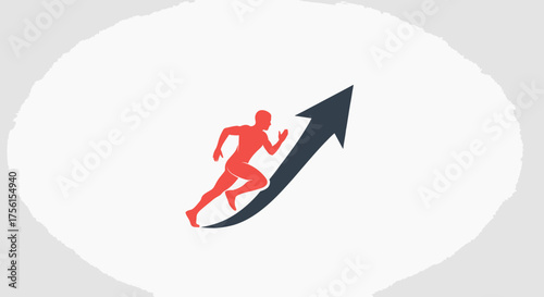 Red runner ascending a dark upward arrow. White blurred background. Success, growth, and achievement
