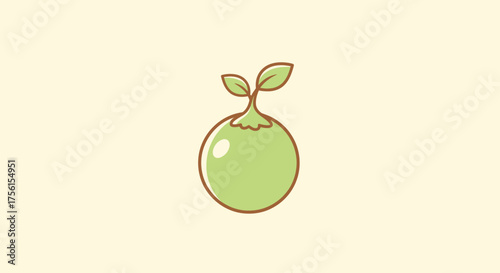A cartoon illustration of a green fruit with two leaves sprouting from the top, on a cream background
