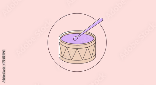 A cartoon drum with a drumstick inside a circle against a soft pink background