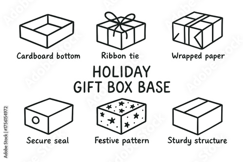 Six black outline vector icons showcasing different types of gift box bases, featuring attributes like ribbon tie, wrapped paper, secure seal, and festive pattern.