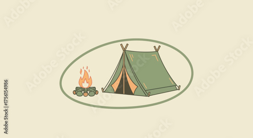 A camping scene with a tent and campfire within an oval. Background is a pale beige