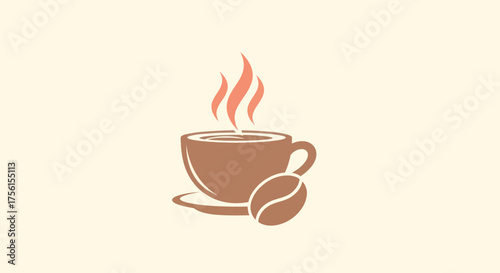 Illustration of a coffee cup with steam and a bean, against a beige background