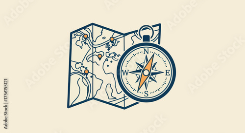 An illustrated image of a compass and map, featuring navigation elements
