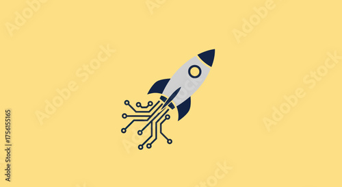 A rocket ship with circuit board details ascends on a yellow background