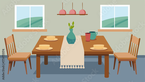 A dining room with a table made from reclaimed barn wood cloth napkins made from organic cotton and reusable bamboo dishware.