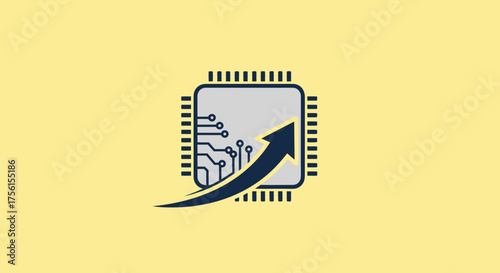 A circuit board with an upward-pointing arrow, symbolizing technological advancement