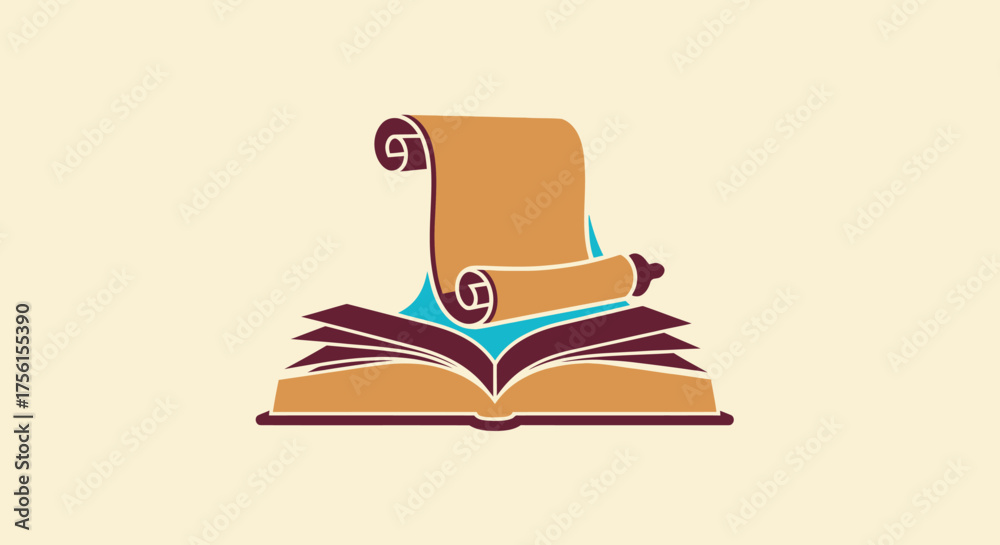 Fototapeta premium A digital depiction of an open book with a scroll emerging, vibrant colors and flat style