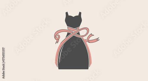 A dark dress silhouette with a pink ribbon design. Background is light