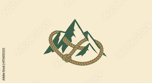 An emblem shows green mountain peaks interwoven by a brown rope in a loop