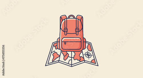A vector illustration showing a red backpack on top of a map, with a beige background