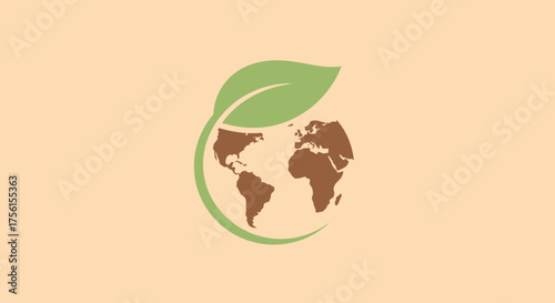 A stylized world map within a leaf, conveying eco-consciousness. The globe is earth-toned