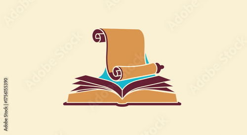 A digital depiction of an open book with a scroll emerging, vibrant colors and flat style