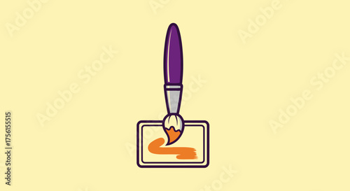 A paintbrush is dipping orange color on the rectangle shaped block, all on a soft yellow background