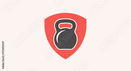 A gray kettlebell icon inside a red shield shape against a pale background