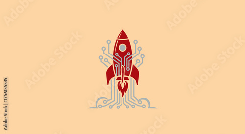 A red rocket ship with circuit board design launching from gray circuits on a beige background
