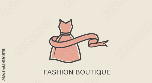 A pink dress logo with a flowing ribbon, atop a neutral background, and "FASHION BOUTIQUE" text