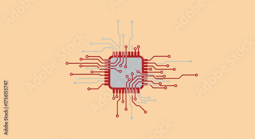 A stylized digital illustration features a central chip with pathways emanating outwards