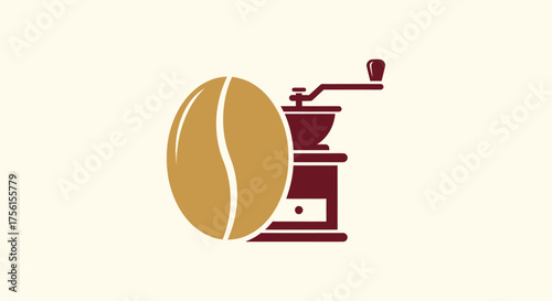 Stylized image of a coffee bean next to a hand grinder. Minimalist design with warm colors