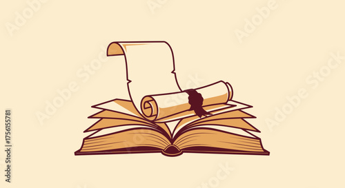 Illustration of an open book with parchment scroll on top. Simple, retro style
