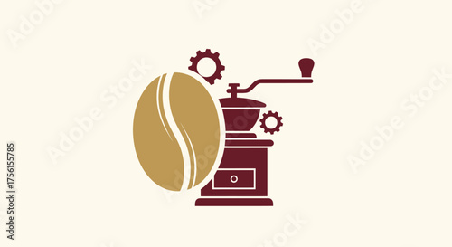 Illustration features a coffee bean, manual grinder, and gears in maroon/gold
