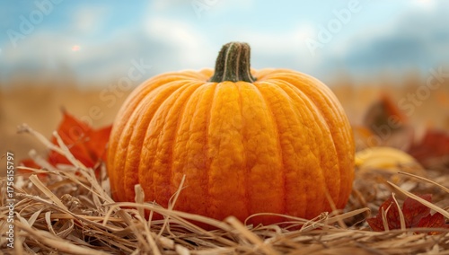 Close-Up of an Autumn Pumpkin with Straw in the Background