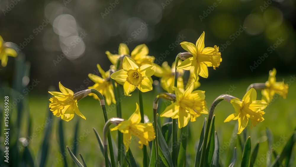 Fototapeta premium Stunning detailed shot of yellow daffodil blooms on a bright spring afternoon