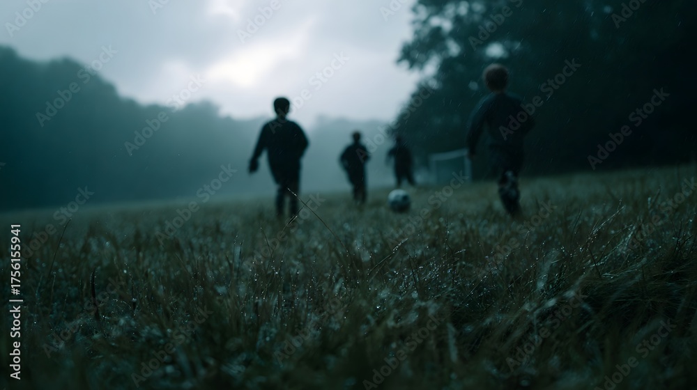 Obraz premium Children playing soccer in a misty rain soaked field under a dramatic overcast sky