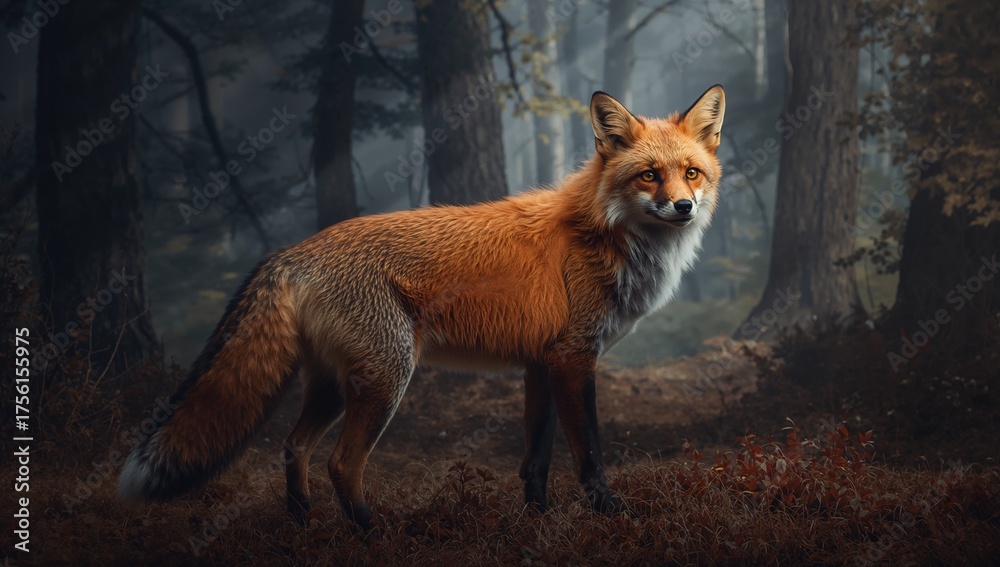 Naklejka premium Fox looking over its shoulder on the shadowy forest floor