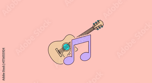 A guitar and music note graphic, both partially overlapping, on a pink background