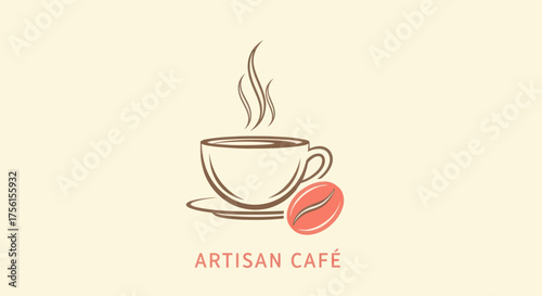 A coffee cup illustration with a bean and the text "Artisan Café" on a neutral background