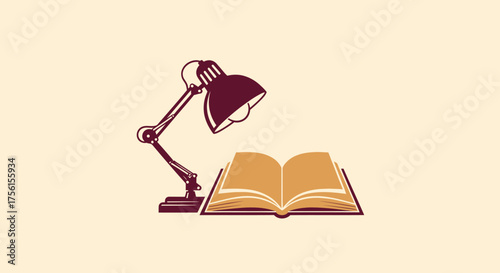 A maroon lamp shines on an open book with golden pages against a beige backdrop